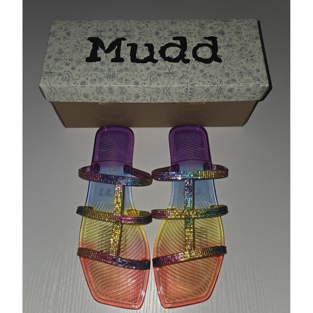 Mudd Papaya Rainbow Rhinestone Jelly Sandals Square Toe Ombre Slides 8‎